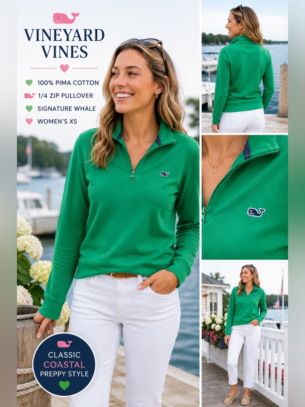 Vineyard Vines Green 1/4 Zip Pullover XS Pima Cotton Whale Logo Preppy
